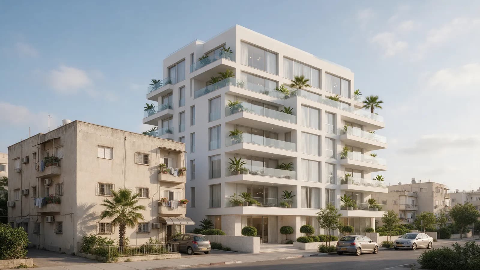 בניין מגורים חדש עם מרפסות זכוכית לצד בניין ישן, באור אחר הצהריים